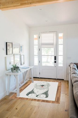 Ambesonne English Sheepdog Area Rug, Illustration of Domestic and Fluffy Sitting Animal on Plain Background, Flat Woven Accent Rug for Living Room Bedroom Dining Room, 4' X 5' 7", Off White Grey in White Scandinavian Entryway