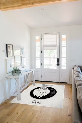 Ambesonne Zodiac Aries Area Rug, Big Black Dot with Fluffy Ram and Tribal Motifs Funny Design, Flat Woven Accent Rug for Living Room Bedroom Dining Room, 4' X 5' 7", Black and White in White Scandinavian Entryway