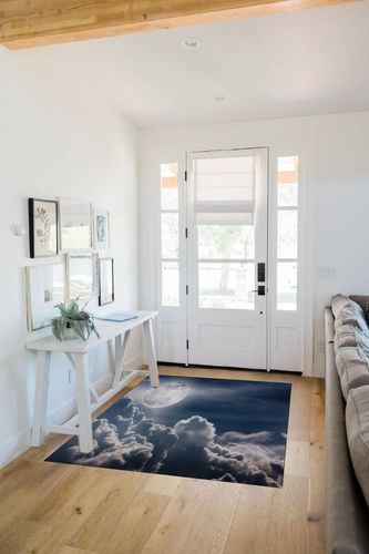 Ambesonne Night Sky Area Rug, Celestial Photo Big Full Moon and Fluffy Clouds Majestic Dramatic Idyllic, Flat Woven Accent Rug for Living Room Bedroom Dining Room, 4' X 5' 7", Dark Blue White in White Scandinavian Entryway