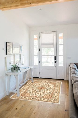 Boho Area Rug, 4' x 6' Machine Washable Rugs for Entryway Faux Wool Large Rugs Distressed Throw Rug Non-Slip Floor Carpet for Indoor Bedroom Kitchen Living Room in White Scandinavian Entryway
