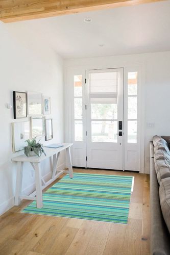 JBGO Outdoor Rug,Patio Rug,4' x 6' Reversible Woven Lightweight Large Plastic Striped Stain Proof Indoor Area Runner Mat for Deck Patio Camping Beach Picnic BBQ (Turquoise Blue Stripes) in White Scandinavian Entryway