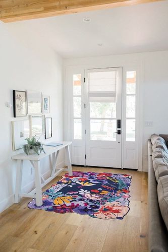 Estmy Boho Vintage Floral Area Rug 4x6 Washable Thin, Aesthetic Cute Bedroom Rugs Colorful Blue Nursery Rug Modern Abstract Tropical Jungle Accent Rug Floor Carpet for Entryway Kitchen Living Room in White Scandinavian Entryway