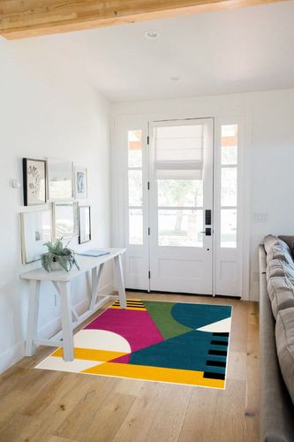 SAFAVIEH Hollywood Collection Accent Rug - 4' x 6', Peacock Blue & Fuchsia, Mid-Century Modern Design, Non-Shedding & Easy Care, Ideal for High Traffic Areas in Foyer, Living Room, Bedroom (HLW706C) in White Scandinavian Entryway