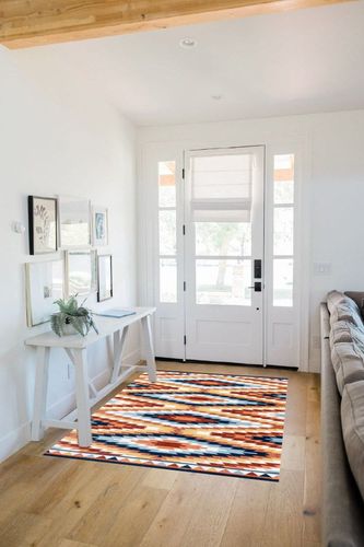 JONATHAN Y SWC101A-4 Konya Diamond Kilim Geometric Indoor Area Rug, Southwestern, Geometric, Bohemian, Bedroom, Kitchen, Living Room, Easy-Cleaning, Non-Shedding, 4 X 6, Yellow/Red/Blue in White Scandinavian Entryway