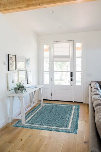 Unique Loom Outdoor Border Collection Area Rug - Soft Border (4' 1" x 6' 1" Rectangle, Teal/ Ivory) in White Scandinavian Entryway