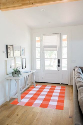 Fall Outdoor Orange and White Plaid Rug - 4' x 6' Cotton Hand-Woven Checked Rug Layered Doormats for Front Door Porch Farmhouse Entryway Patio in White Scandinavian Entryway