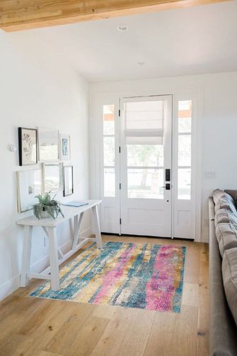 HomeRoots 4' X 6' Pink and Blue Abstract Power Loom Area Rug in White Scandinavian Entryway