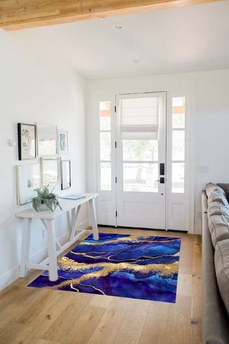 Modern Abstract Marble Swirl Royal Blue Gold Washable Area Rug for Livingroom Bedroom Aesthetic Carpet Under Dining Table Indoor Hallway Kitchen Office Rug 4x6 in White Scandinavian Entryway