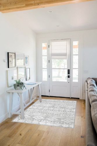 Lahome Farmhouse Moroccan Area Rug, Washable 4x6 Rug for Bedroom Soft Low Profile Rubber Backing Playroom Office Rugs Non Slip, Rustic Tribal Decor Kitchen Entryway Floor Carpet, Grey in White Scandinavian Entryway