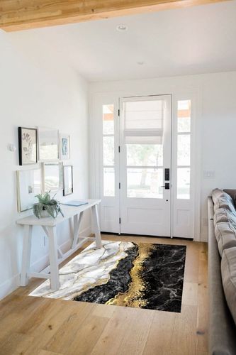 Modern Contemporary Abstract Black Grey Gold Marble Pattern Area Rug for Livingroom Bedroom Diningroom No-Slip Art Decor Office Kitchen Hallway Floor Carpet 4x6 in White Scandinavian Entryway