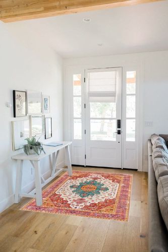 Moynesa Ultra-Thin Washable Area Rug - 4x6 Pink Rugs for Bedroom Girls Vintage Rug for Living Room, Non Slip Non Shedding Low Pile Indoor Throw Carpet for Nursery Office Entryway Kitchen Foyer in White Scandinavian Entryway