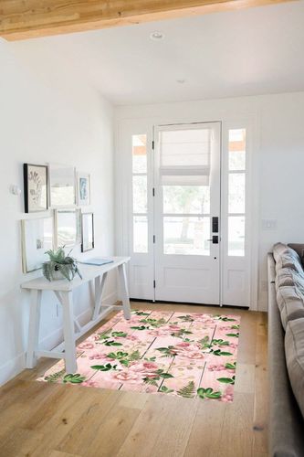 Modern Floral Realistic Indoor Outdoor Area Rug 4x6 Pink Green Flowers Rug for Balcony Deck Patio Backyard Non Slip Waterproof Stain Shedding Resistant Carpet Throw Mat in White Scandinavian Entryway