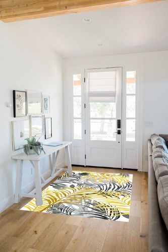 Palm Tree Leaves Area Rug,4x6ft, Tropical Jungle Grey Yellow Banana Leaf Easy Cleaning Rugs for Living Room Indoor Outdoor Dinning Room Bedroom Kitchen Office Non-Shedding White Carpets in White Scandinavian Entryway