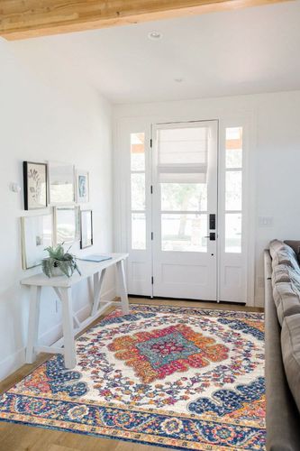 ‎Blue/Multi ‎Bohemian FLAIR Boho Vintage Traditional Non Slip Rug in White Scandinavian Entryway