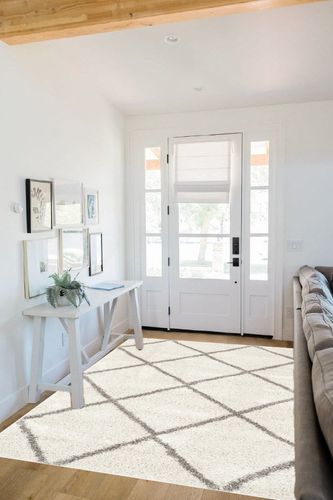Ivory/Grey Shabby Chic Non Slip Living Room Area Rug in White Scandinavian Entryway