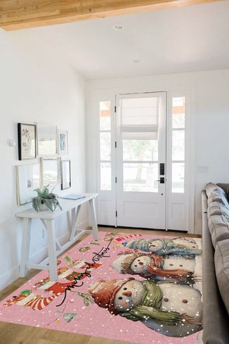 OComster Pink Christmas Rectangle Shape Large Area Rugs - 5 x 8 Feet Xmas Stocking Snowman Winter Snowflake - (Non-Woven + Rubber) Low File Floor Mat in White Scandinavian Entryway
