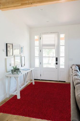 Unique Loom Solid Shag Collection Area Rug (5' 3" x 8' Rectangle, Cherry Red) in White Scandinavian Entryway