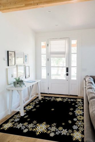 Christmas Area Rug 5 x 8, Washable Bedroom Rug Non-Slip Kitchen Rugs Non Shedding Floor Cover Mat Runner Rug for Living Room Dining Room Outdoor Carpet Winter Snowflakes Black Gold in White Scandinavian Entryway