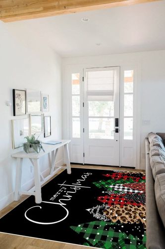 Merry Christmas Area Rug for Living Room Bedroom 5x8, Large Runner Rug Carpet Washable Rugs Non-Shedding Floor Cover Mat for Kitchen Dining Kids Room Decor Christmas Tree Black Texture in White Scandinavian Entryway