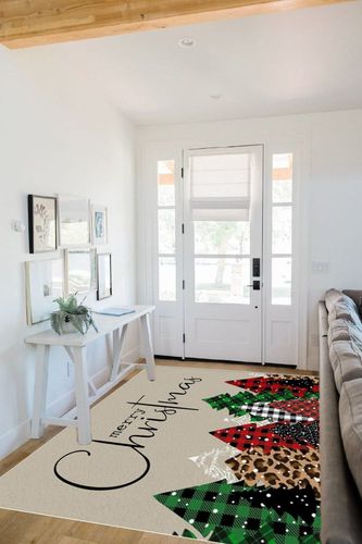Merry Christmas Area Rug 5 x 8, Washable Bedroom Rug Non-Slip Kitchen Rugs Non Shedding Floor Cover Mat Runner Rug for Living Room Dining Room Outdoor Carpet Christmas Tree Brown Texture in White Scandinavian Entryway