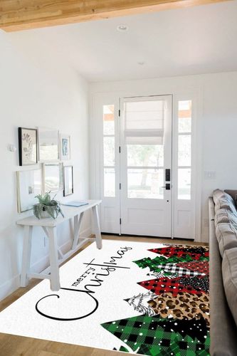 Merry Christmas Area Rug 5 x 8, Washable Bedroom Rug Non-Slip Kitchen Rugs Non Shedding Floor Cover Mat Runner Rug for Living Room Dining Room Outdoor Carpet Christmas Tree Buffalo Plaid Texture in White Scandinavian Entryway