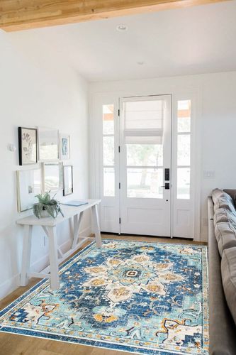 SAFAVIEH Madison Collection Area Rug - 5'3" x 7'6", Blue & Light Blue, Boho Chic Medallion Distressed Design, Non-Shedding & Easy Care, Ideal for High Traffic Areas in Living Room, Bedroom (MAD473M) in White Scandinavian Entryway