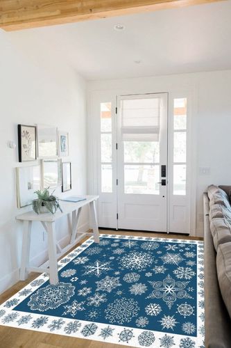 Christmas Area Rug 5 x 8, Washable Bedroom Rug Non-Slip Kitchen Rugs Non Shedding Floor Cover Mat Runner Rug for Living Room Dining Room Outdoor Carpet Seasonal Blue Snowflakes Winter Xmas in White Scandinavian Entryway