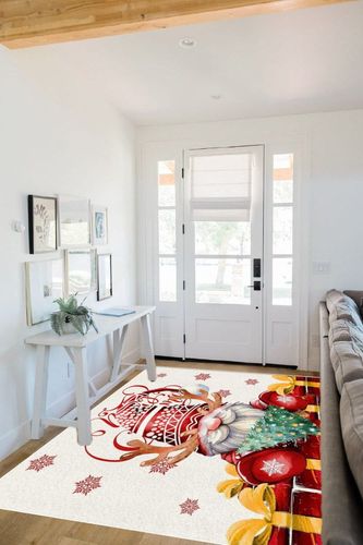 Christmas Gnomes Area Rug 5 x 8, Washable Bedroom Rug Non-Slip Kitchen Rugs Non Shedding Floor Cover Mat Runner Rug for Living Room Dining Room Outdoor Carpet Christmas Tree Gift Elk in White Scandinavian Entryway