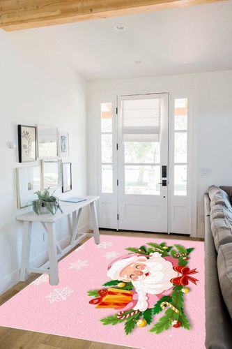 Pink Christmas Area Rug 5 x 8, Washable Bedroom Rug Non-Slip Kitchen Rugs Non Shedding Floor Cover Mat Runner Rug for Living Room Dining Room Outdoor Carpet Santa Claus Pine Needle Snowflake in White Scandinavian Entryway
