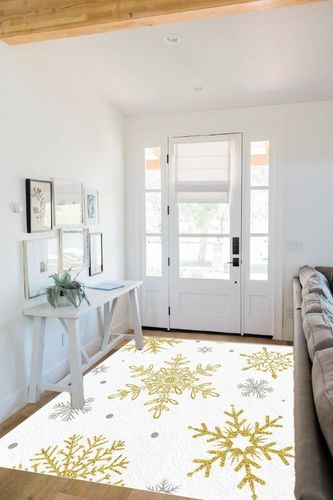 Christmas Area Rug 5 x 8, Washable Bedroom Rug Non-Slip Kitchen Rugs Non Shedding Floor Cover Mat Runner Rug for Living Room Dining Room Outdoor Carpet Romantic White Golden Snowflake in White Scandinavian Entryway
