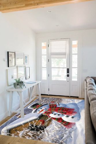 Christmas Area Rug 5 x 8, Washable Bedroom Rug Non-Slip Kitchen Rugs Non Shedding Floor Cover Mat Runner Rug for Living Room Dining Room Outdoor Carpet Cute Snowman Winter Farmhouse Bird in White Scandinavian Entryway