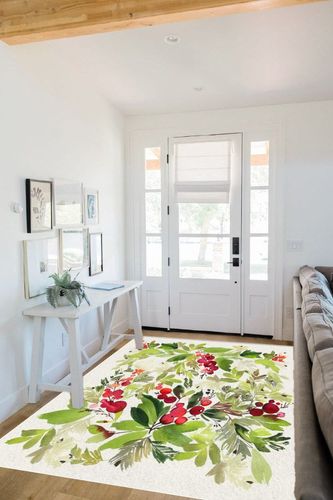 Christmas Area Rug 5 x 8, Washable Bedroom Rug Non-Slip Kitchen Rugs Non Shedding Floor Cover Mat Runner Rug for Living Room Dining Room Outdoor Carpet Pine Needles Seasonal Winter Leaves Plant in White Scandinavian Entryway