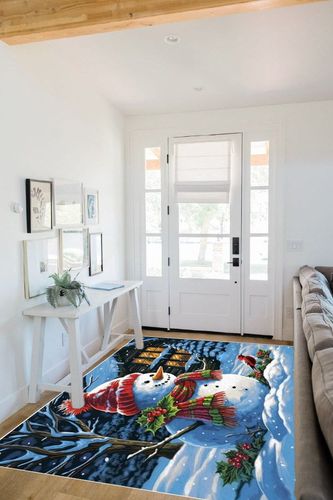 OComster Christmas Rectangle Shape Large Area Rugs - 5 x 8 Feet Xmas Snowman Red Bird Snowfield Farmhouse Winter - (Non-Woven + Rubber) Low File Floor Mat in White Scandinavian Entryway