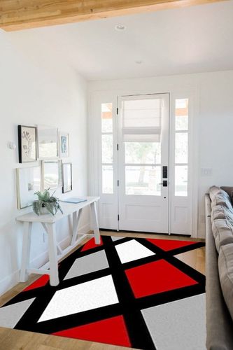 Red and White Black Geometry Area Rugs, Modern Abstract Entryways Mat Fluffy Soft Machine Washable Breathable Durable for Room Living Room Indoor Outdoor Hallway, 5ft x 7ft in White Scandinavian Entryway