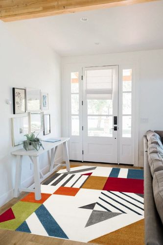 SAFAVIEH Hollywood Collection Area Rug - 5'3" x 7'6", Ivory & Peacock Blue, Mid-Century Modern Design, Non-Shedding & Easy Care, Ideal for High Traffic Areas in Living Room, Bedroom (HLW709B) in White Scandinavian Entryway