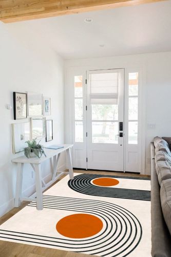 Mid-Century Modern Minimalist Circles and Lines Pattern Soft Wool Area Rug 6x9 Washable Boho Carpet for Living Room Bedroom No-Slip Thick Dining Room Rug Indoor Floorcover Mat in White Scandinavian Entryway