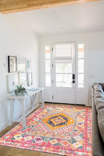 OJIA Washable Area Rug 5'X8', Non-Slip Living Room Rugs, Ultra-Thin Bedroom Rug Soft Accent Rugs, Retro Floral Print Floor Carpet Pink Rugs for Dining Room/Kitchen/Playroom/Farmhouse/Home Decor in White Scandinavian Entryway