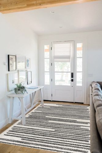 JONATHAN Y MOH207A-5 Khalil Modern Berber Stripe Indoor Farmhouse Area-Rug Bohemian Minimalistic Striped Easy-Cleaning Bedroom Kitchen Living Room Non Shedding, 5 X 8, Cream,Black in White Scandinavian Entryway