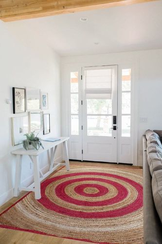 CASAVANI Collection Rectangular Area Rug - 5x8 Feet Pink Braided Jute Rug Geometric Kilim Rug Indoor Outdoor Use Carpet Flatweave Rugs for Bedroom Dining Room Living Room in White Scandinavian Entryway