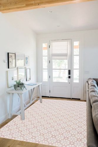 Martha Stewart Collection by SAFAVIEH 5'1" x 7'6" Light Pink/Multi MSR4491V Indoor/Outdoor Waterproof Washable Mudroom Backyard Patio Area Rug in White Scandinavian Entryway