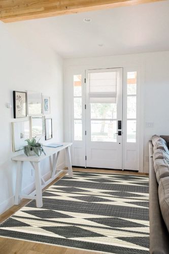 Fab Habitat Outdoor Rug - Waterproof, Fade Resistant, Crease-Free - Premium Recycled Plastic - Neutral Geometric Tribal - Patio, Porch, Deck, Balcony - Cairo - Natural & Black - 5 x 8 ft in White Scandinavian Entryway