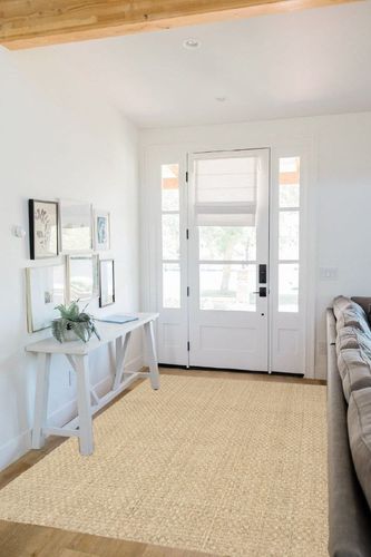 SAFAVIEH Natural Fiber Collection Area Rug - 5' x 8', Natural & Blue, Border Basketweave Seagrass Design, Easy Care, Ideal for High Traffic Areas in Living Room, Bedroom (NF114E) in White Scandinavian Entryway
