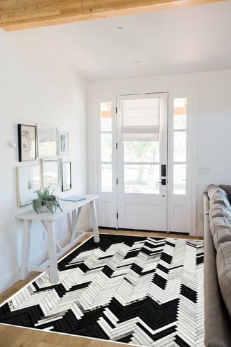 Handmade Black and White Cowhide Patchwork Rug - Black and White with Grayish Stripes Herringbone Chevron Patchwork Cowhide Rug 5 ft X 8 ft in White Scandinavian Entryway