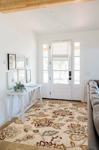 SUPERIOR Indoor Area Rug Perfect for Hallways, Entryway, Office, Living Room, Hardwood, Tile, Jute Backed, Modern Farmhouse Floral Decor, Jacobean Collection - 5ft x 8ft, Stone in White Scandinavian Entryway