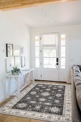 nuLOOM Mollie Machine Washable Traditional Border Area Rug, 5x8, Charcoal in White Scandinavian Entryway