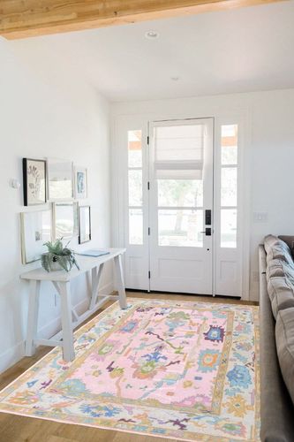 Allen Home Hand Crafted Wool Rugs - Pastel Ushak Area Carpets Suitable for Living Room, Bedroom, Dining Room - Natural Latex Backing with 100% Cotton - Oushak Caroline Pink - 5’ x 8’ in White Scandinavian Entryway