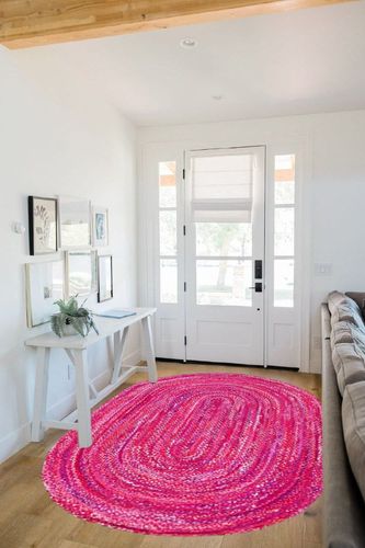 Safavieh Braided Collection Area Rug - 5' x 8' Oval, Pink & Fuchsia, Handmade Country Farmhouse Reversible Cotton, Ideal for High Traffic Areas in Living Room, Bedroom (BRD452U) in White Scandinavian Entryway
