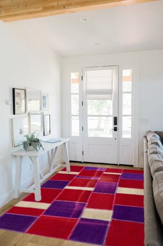 BESPOKY 5'3" x 7'7" (160x230 Cm) Teselya Pink Patchwork Wool Handmade Area Rug in White Scandinavian Entryway