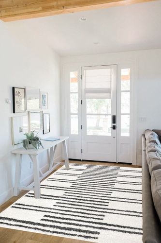 Eyely HOM406A-5 Moroccan Hype Petra Stripe Geometric Shag Indoor Area Rug Bohemian;Transitional;Modern, Bedroom, Kitchen, Living Room, Easy-Cleaning, Non-Shedding, 5 X 8, White/Gray in White Scandinavian Entryway