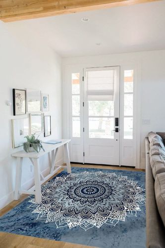 Mandala Area Rugs, 5x8ft, Vintage Bohemian Mandala Ethnic Style Area Carpet Modern Blue and White Print Pattern Floor Mats for Indoor Outdoor Living Room Bedroom Yoga Room Balcony Aesthetic Decoration in White Scandinavian Entryway